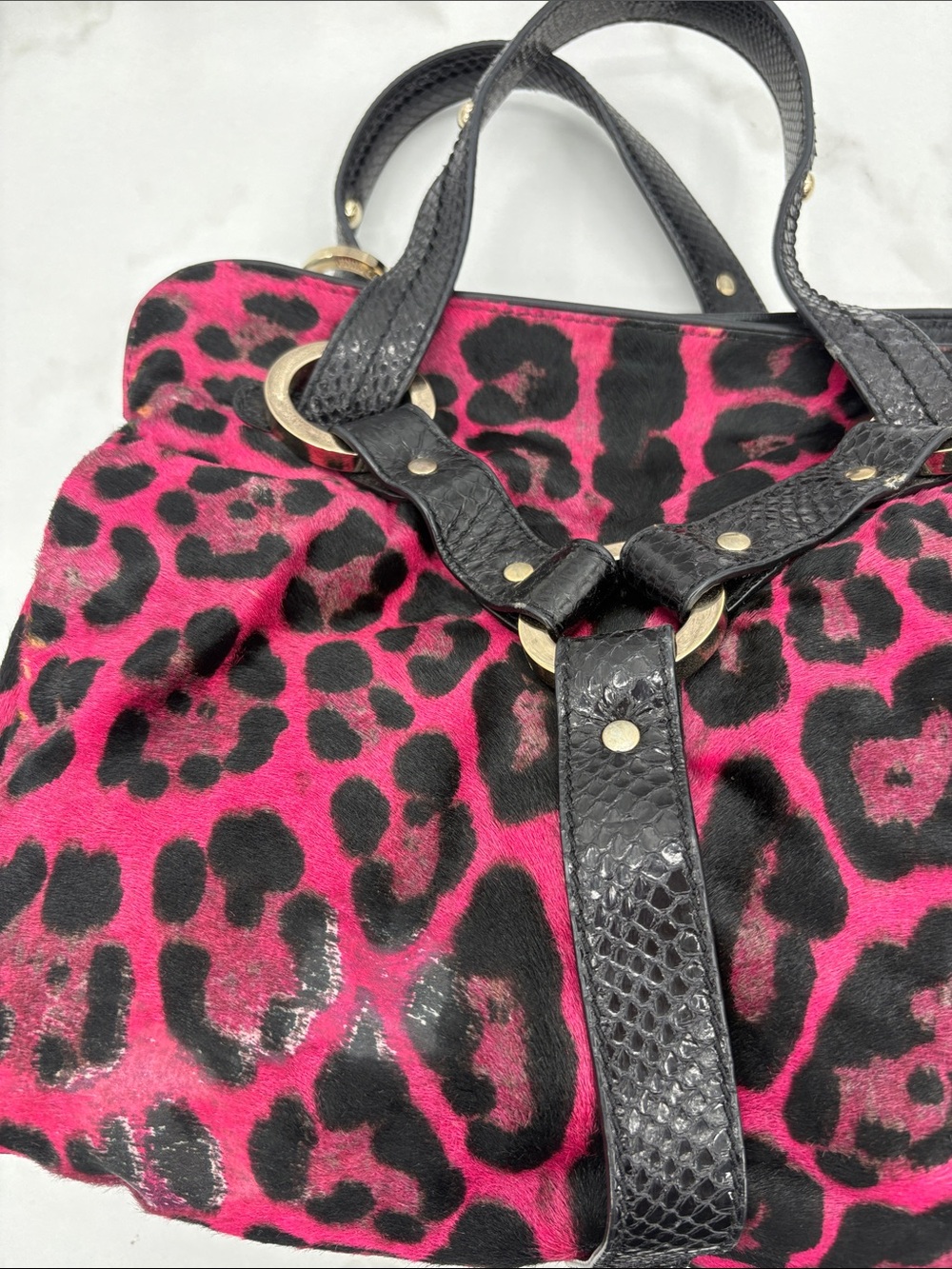 Jimmy Choo Pony Hair Fuchsia and Black Leopard-Print Tote - Picture 7 of 15